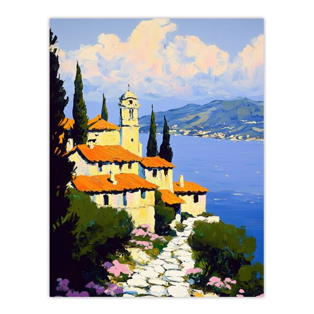 "Artery8 Christian Church Coastal Cliff Italy Landscape Wall Art Print in Blue - Size: W18"" x H24""" - image 1
