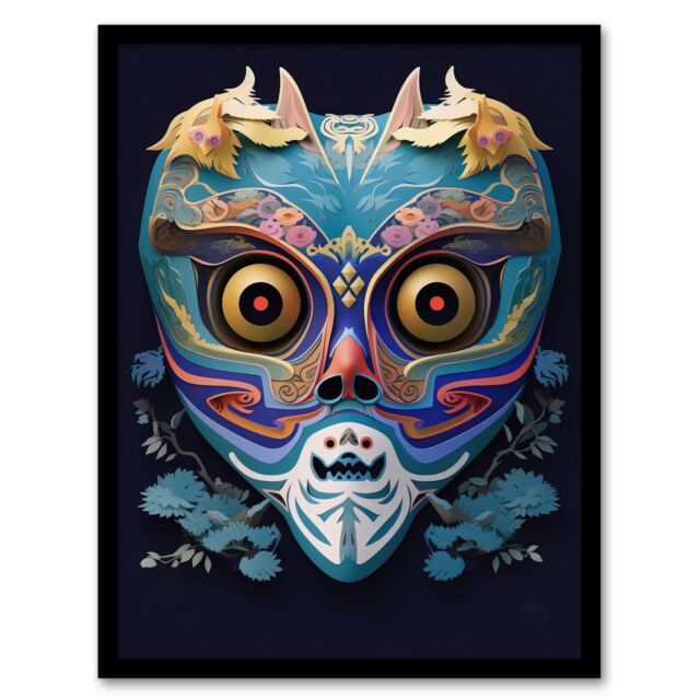 Artery8 Wall Art Print Noh Theatre Mask Painting Colourful Intricate Details Floral Designs Supernatural Japan Creature Portrayal Forest Deity Role - image 1