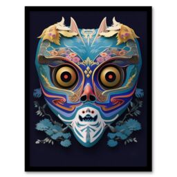 Artery8 Wall Art Print Noh Theatre Mask Painting Colourful Intricate Details Floral Designs Supernatural Japan Creature Portrayal Forest Deity Role - thumbnail 1