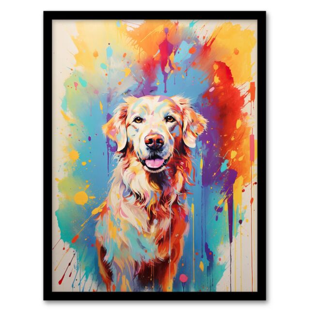 Artery8 Wall Art Print Cream Golden Retriever Dog Lover Gift Pet Portrait Colourful Artwork Painting Art Framed - Size: A4 - image 1