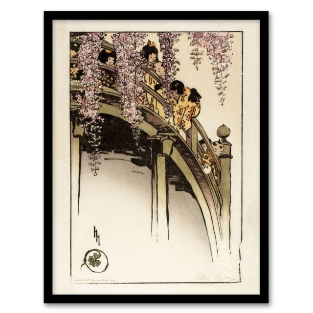 Artery8 Helen Hyde Children on The Moon Bridge at Kameido Framed Art Print - Size: A4 - image 1