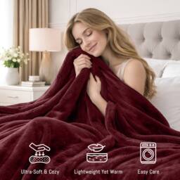 Pamposh Extra Large Flannel Fleece Blankets Reversible Cozy Bed & Sofa Throw in Burgundy - Size: Medium - thumbnail 4