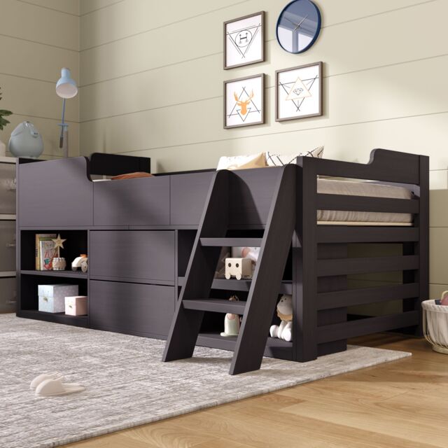 Matteo Cabin Bed Mid Sleeper Bed Frame Storage with Drawers Shelf Storage in Taupe - Size: Single - image 1