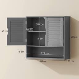 HOMCOM Bathroom Cabinet, Wall Mounted Cabinet with Adjustable Shelves in Grey - Size: W600mm x H600mm - thumbnail 3