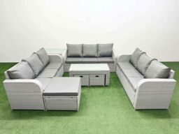 Fimous PE Rattan Lounge Sofa Set 12 Seater Outdoor Garden Furniture Set with Oblong Coffee Table 3 Seater Sofa 3 Stools Side Table Light Grey - thumbnail 1