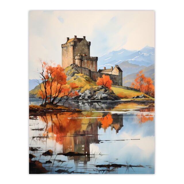 Artery8 Eilean Donan Castle Scotland Watercolour Painting Misty Morning Autumn Sunlight Large Wall Unframed Art Poster Print Thick Paper 18X24 Inch - image 1