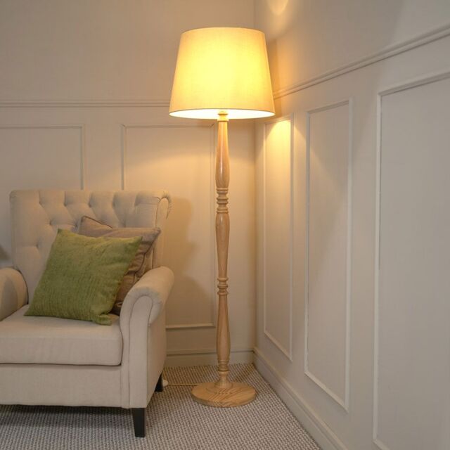 ValueLights Victoria Light Wood Traditional Stem Floor Lamp with Fabric Tapered Shade in Cream