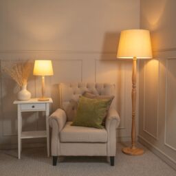 ValueLights Victoria Light Wood Traditional Stem Floor Lamp with Fabric Tapered Shade in Cream - thumbnail 4