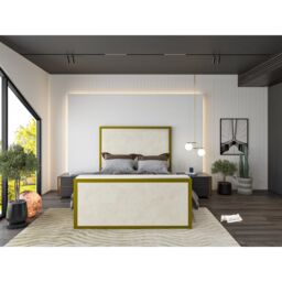 HOB Furniture Washington Metal Tv Bed, Luxury French Velvet, Cream/Gold in Off-White - Size: Super King - thumbnail 2