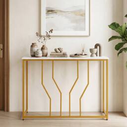 Costway Gold Console Table Modern White Faux Marble Entryway Table - thumbnail 3