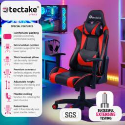 tectake Gaming Chair Stealth - Ergonomic Shape, Adjustable Backrest in Red - thumbnail 2
