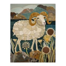 "Artery8 Rocky Mountain Bighorn Sheep Mosaic Floral Wall Art Print in Brown - Size: W12"" x H16""" - thumbnail 1