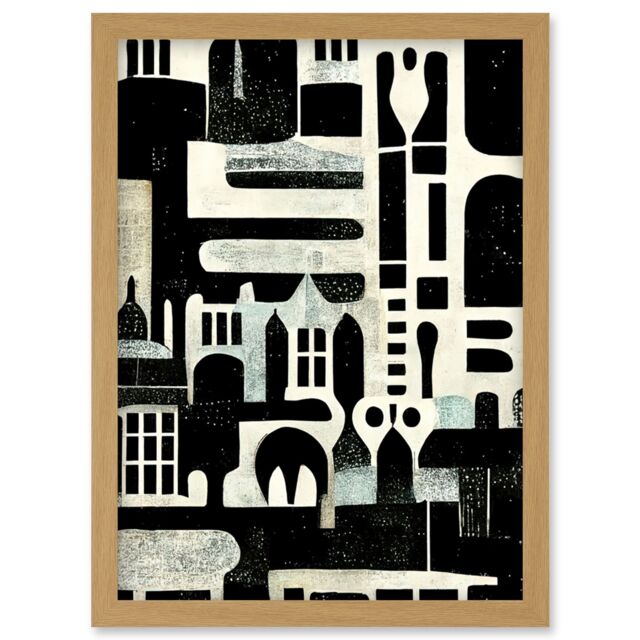 Artery8 Bold Monochrome Modern Vintage Abstract Geometric Black White Cream Grey Artwork Framed Wall Art Print A4 in Light Oak - image 1