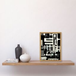 Artery8 Bold Monochrome Modern Vintage Abstract Geometric Black White Cream Grey Artwork Framed Wall Art Print A4 in Light Oak - thumbnail 2