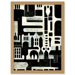 Artery8 Bold Monochrome Modern Vintage Abstract Geometric Black White Cream Grey Artwork Framed Wall Art Print A4 in Light Oak - thumbnail 1
