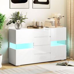 HOMCOM LED Sideboard, High Gloss Storage Cabinet with 4 Drawers, White - thumbnail 1