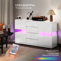 HOMCOM LED Sideboard, High Gloss Storage Cabinet with 4 Drawers, White - thumbnail 6