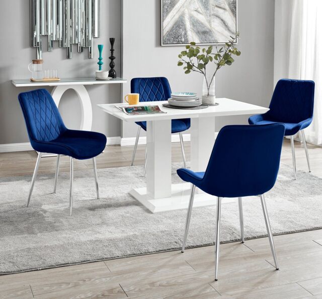 FurnitureboxUK Imperia 4 Seater Modern White High Gloss Rectangular Dining Table & 4 Persaro Velvet Chairs in Navy - image 1