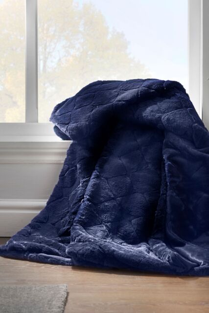 Catherine Lansfield Downstairs Cosy Diamond Faux Fur Soft 130x170cm Blanket Throw in Navy - Size: 130 cm x 170 cm - image 1