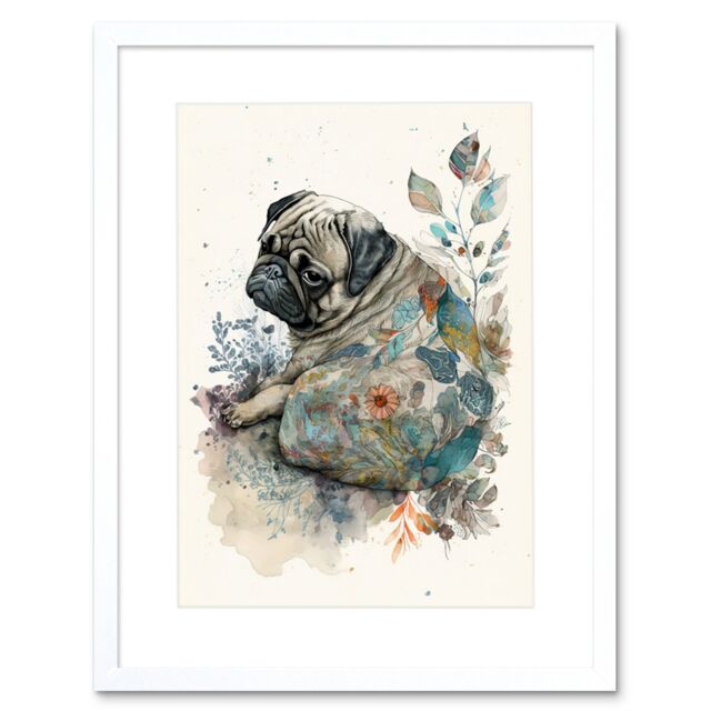 "Artery8 Wall Art Print Pug Dog with Floral Pattern Modern Multicoloured Watercolour Artwork Framed 9X7 Inch in White - Size: W7"" x H9""" - image 1