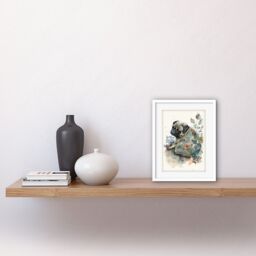 "Artery8 Wall Art Print Pug Dog with Floral Pattern Modern Multicoloured Watercolour Artwork Framed 9X7 Inch in White - Size: W7"" x H9""" - thumbnail 2