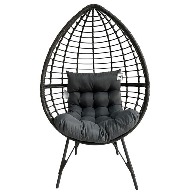FURNITURE ONE Rattan Standing Egg Chair, with Removable Water-Resistant Cushions, Metal Frame Stand in Grey - Size: 1 Pack - image 1