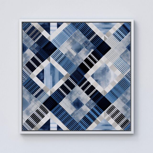 "Warren Reed - Designer Checkered Square Black & Blue Framed Canvas in Off-White - Size: W16"" x H16""" - image 1