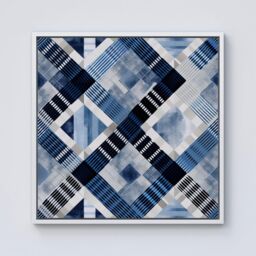 "Warren Reed - Designer Checkered Square Black & Blue Framed Canvas in Off-White - Size: W16"" x H16""" - thumbnail 1