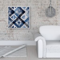 "Warren Reed - Designer Checkered Square Black & Blue Framed Canvas in Off-White - Size: W16"" x H16""" - thumbnail 2