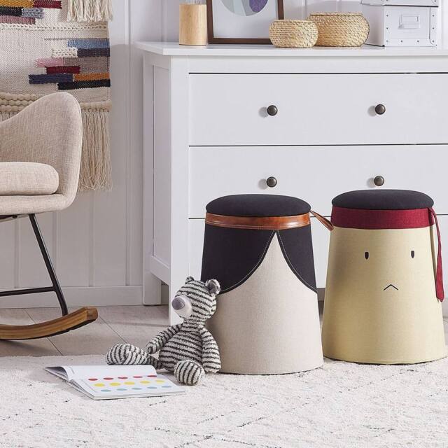 Wyld and Coco Kids Pouffe Beige Faux Linen with Hidden Storage - image 1