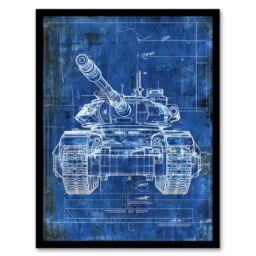 "Artery8 Tank Blueprint Drawing Detailed Military Vehicle Framed Art Print in Blue - Size: W12"" x H16""" - thumbnail 1