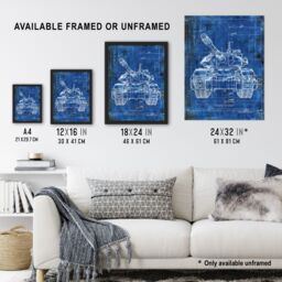 "Artery8 Tank Blueprint Drawing Detailed Military Vehicle Framed Art Print in Blue - Size: W12"" x H16""" - thumbnail 3