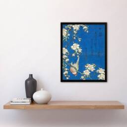 Artery8 Bullfinch Weeping Cherry Blossoms Japanese Framed Wall Art Print Hokusai in Blue - Size: A4 - thumbnail 4