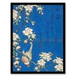 Artery8 Bullfinch Weeping Cherry Blossoms Japanese Framed Wall Art Print Hokusai in Blue - Size: A4 - thumbnail 1