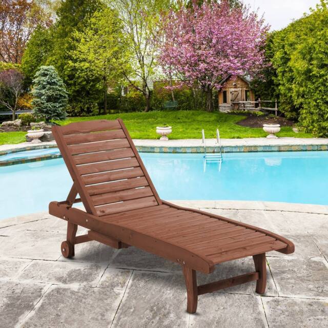 OUTSUNNY Wooden Sun Lounger Outdoor Patio Sun Bed w/ Pull-out Table in Natural