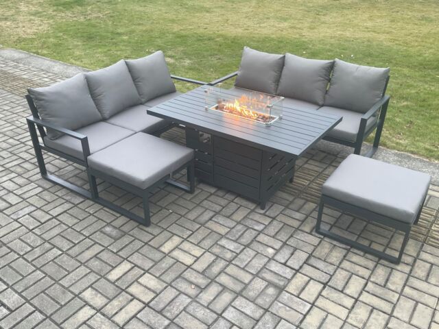 Fimous Aluminium 8 Seater Outdoor Garden Furniture Lounge Sofa Set Gas Fire Pit Dining Table with 2 Big Footstools Dark Grey - image 1