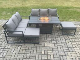Fimous Aluminium 8 Seater Outdoor Garden Furniture Lounge Sofa Set Gas Fire Pit Dining Table with 2 Big Footstools Dark Grey - thumbnail 2