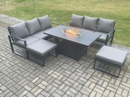 Fimous Aluminium 8 Seater Outdoor Garden Furniture Lounge Sofa Set Gas Fire Pit Dining Table with 2 Big Footstools Dark Grey - thumbnail 1