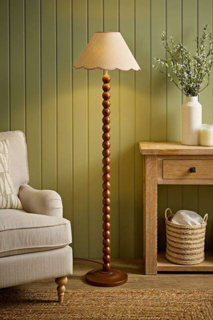 ValueLights Bobbin Colour Trim Linen Shade Walnut Bobble Floor Lamp in Baby Pink - image 1
