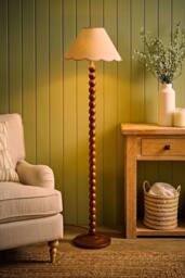 ValueLights Bobbin Colour Trim Linen Shade Walnut Bobble Floor Lamp in Baby Pink - thumbnail 2