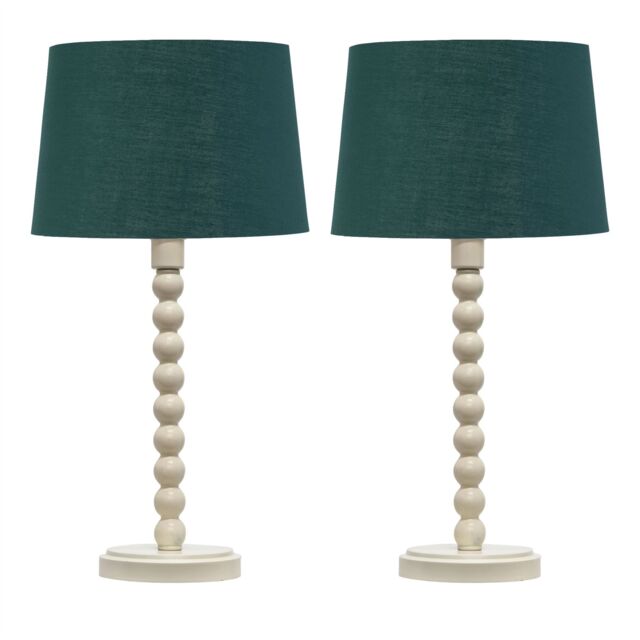 First Choice Lighting Set of 2 Bobbin - Ivory Lamps with Dark Green & Gold Shades in White - image 1