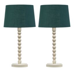 First Choice Lighting Set of 2 Bobbin - Ivory Lamps with Dark Green & Gold Shades in White - thumbnail 1