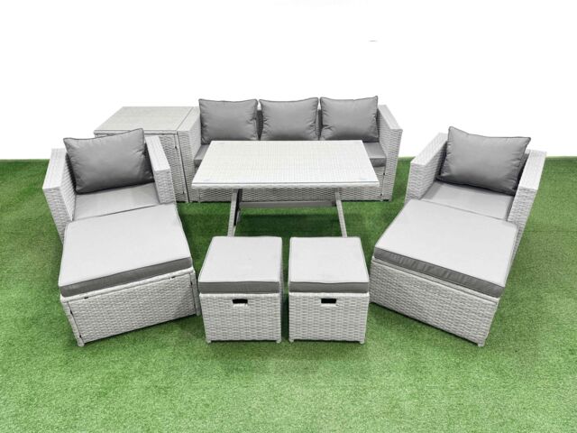 Fimous 9 Pieces Outdoor PE Rattan Sofa Armchair Set with Side Table 4 Stools in Light Grey - image 1