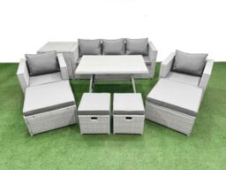 Fimous 9 Pieces Outdoor PE Rattan Sofa Armchair Set with Side Table 4 Stools in Light Grey - thumbnail 1