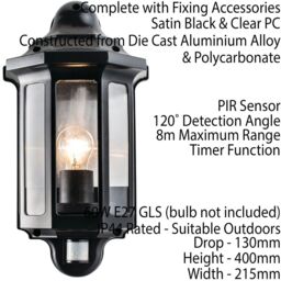Loops 2 PACK IP44 Outdoor Wall Light Satin Black PIR Half Lantern Traditional Porch - thumbnail 3