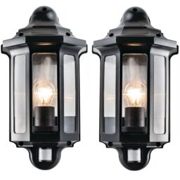 Loops 2 PACK IP44 Outdoor Wall Light Satin Black PIR Half Lantern Traditional Porch