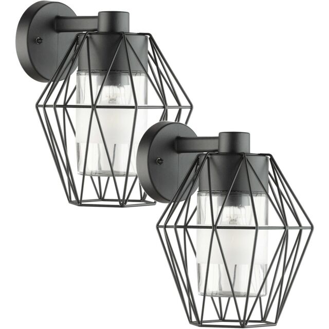 Loops 2 PACK IP44 Outdoor Wall Light Black Wire Cage Shade 1x 60W E27 Porch Lamp - image 1