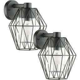 Loops 2 PACK IP44 Outdoor Wall Light Black Wire Cage Shade 1x 60W E27 Porch Lamp