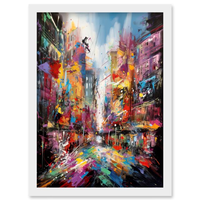 Artery8 Abstract City Street Modern Vibrant Cityscape Artwork Framed Wall Art Print A4 in White - image 1