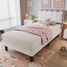Rolipo 3ft Single Velvet Children's Bed with Biscuit Headboard Pink Beige